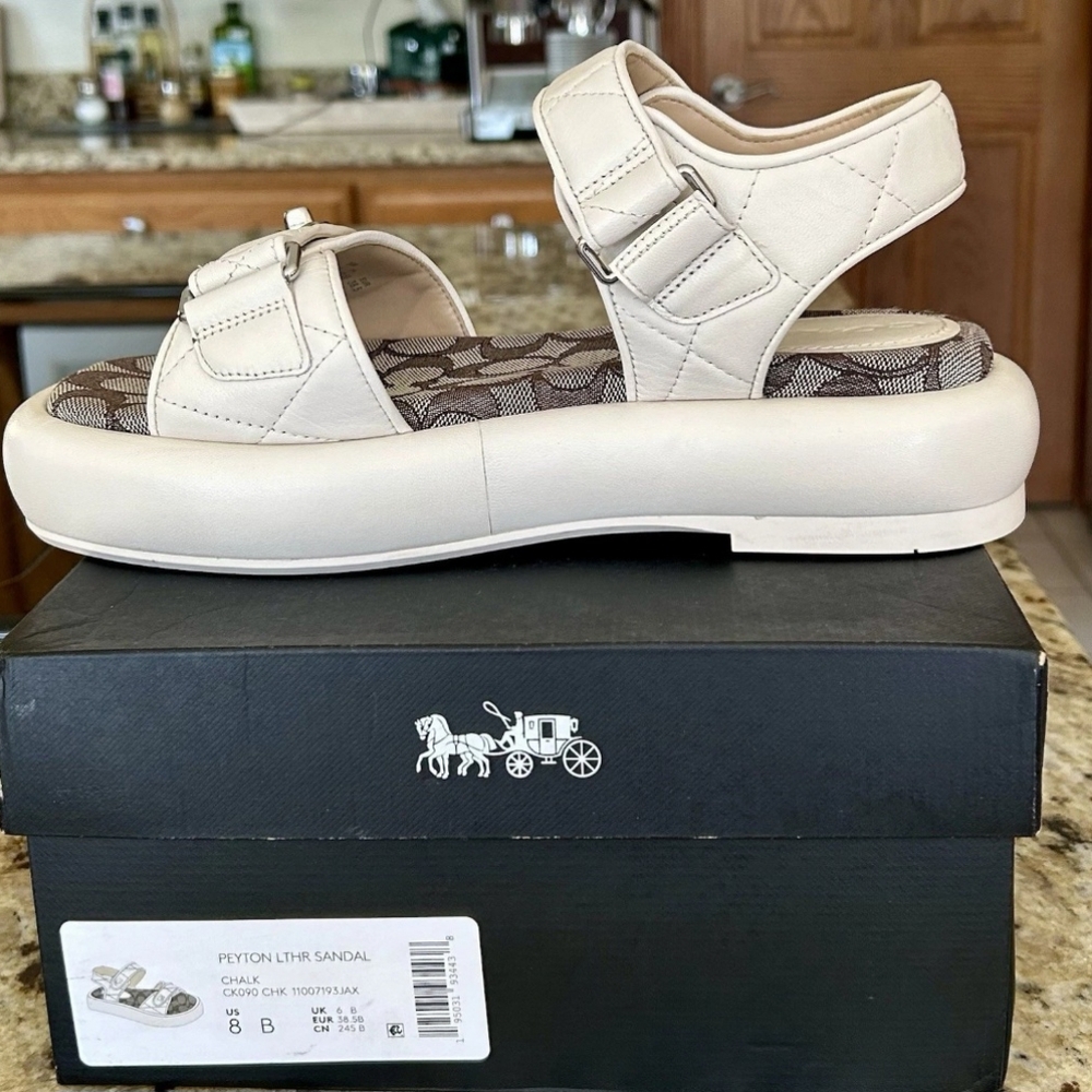 Coach Peyton Double Buckle Flatform sandals Chalk Leather SZ 8 B - Picture 6 of 12
